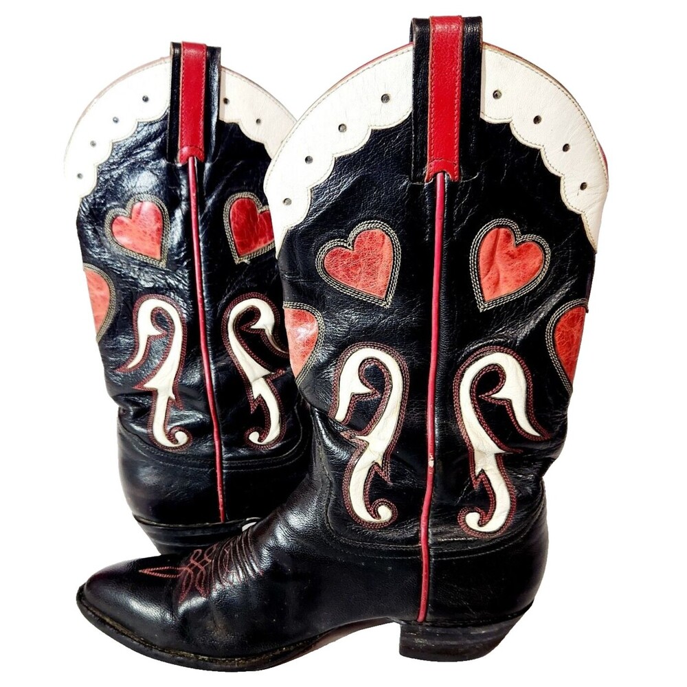 Vtg Larry Mahan Cowgirl Boots Womens Sz 7 Heart Cut Out Western Rodeo Leather